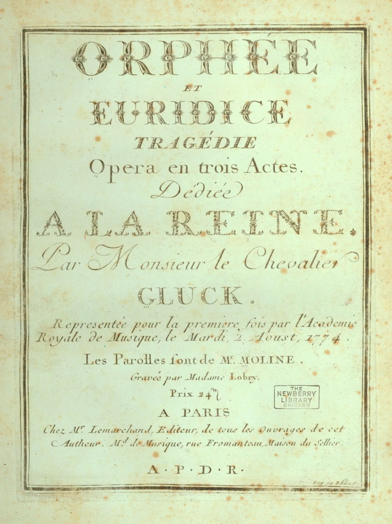 Orphée et Euridice, Tragédie, Opéra en trois Actes ... Par Monsieur le Chevalier Gluck, 1774