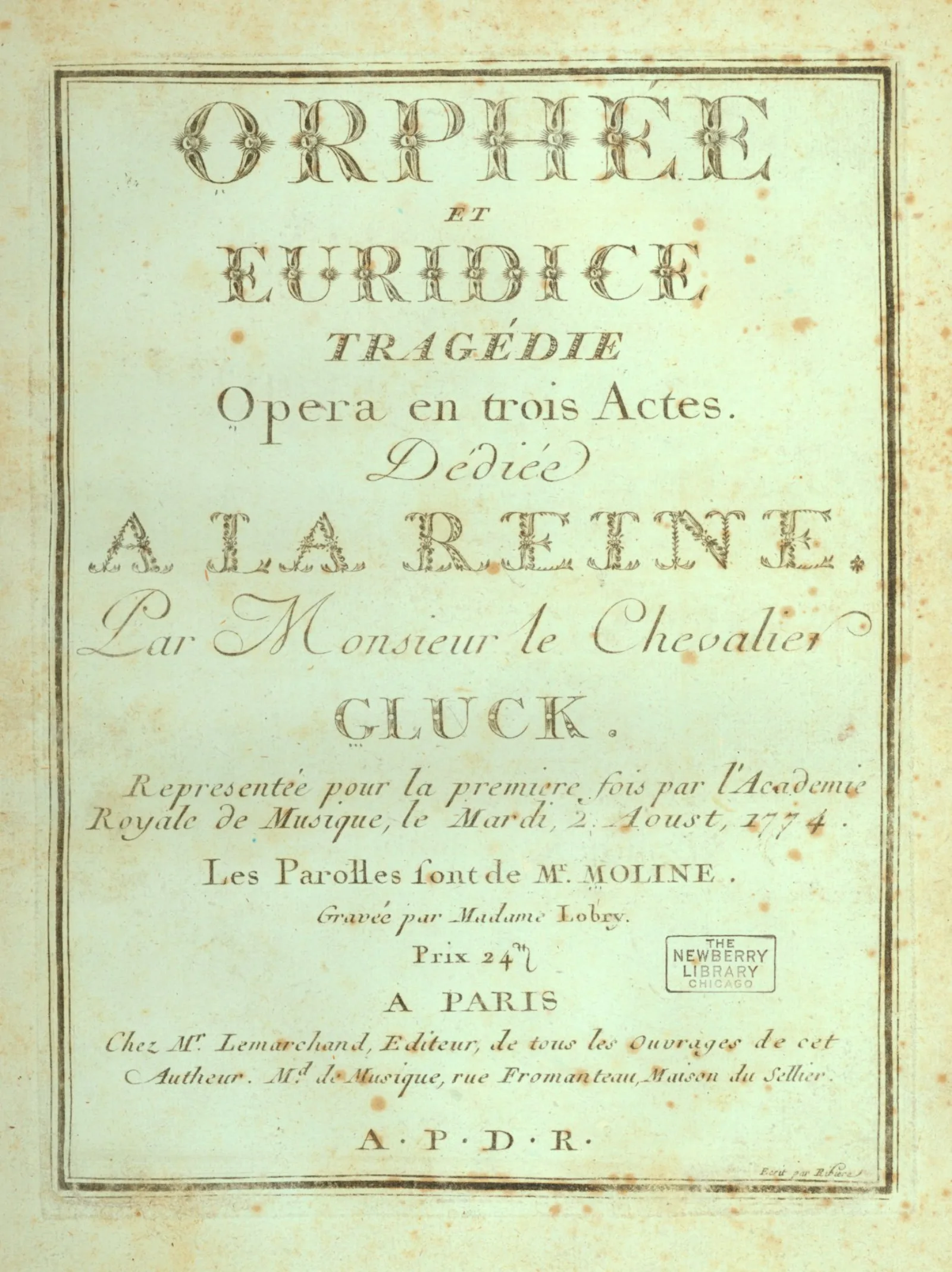 Orphée et Euridice, Tragédie, Opéra en trois Actes ... Par Monsieur le Chevalier Gluck, 1774