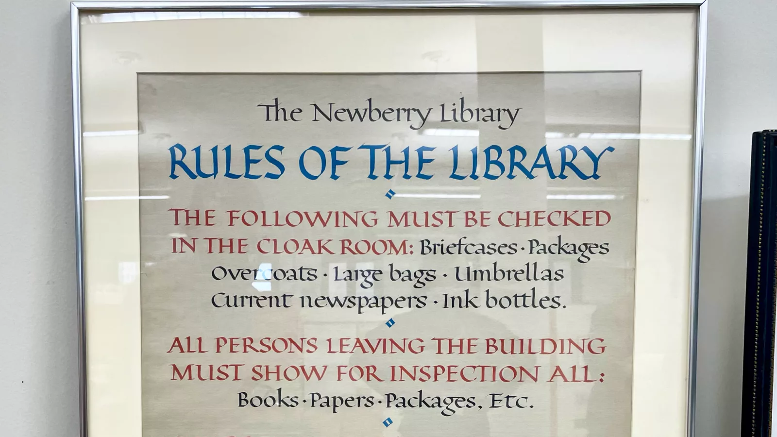 “Rules of the Library” sign made by James Hayes, ca. 1950s.