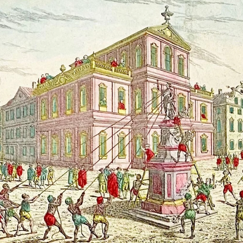 Colonists topple a statue of King George III in New York City