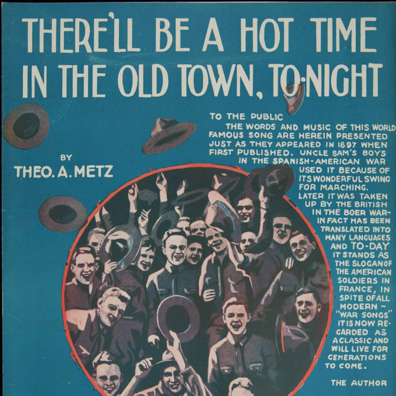 Sheet music cover with a bright blue background. A circular image in the center depicts men in uniform smiling. A few of them are throwing their hats up.