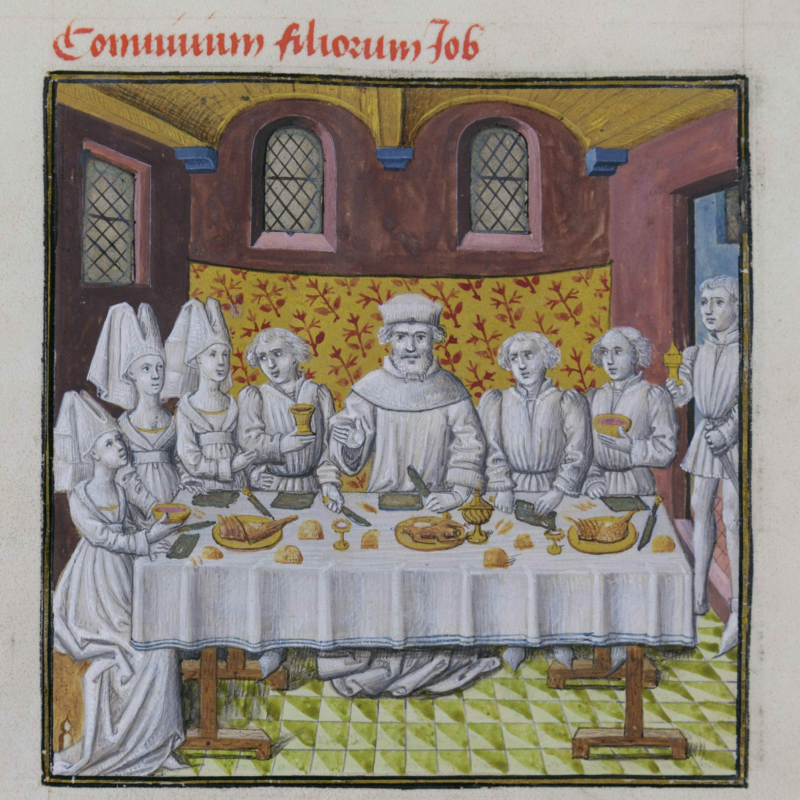 Eight figures draw in black, gray, and white are seated around a square dining table lined with food and drink. Behind them is a colorful yellow and brown background.