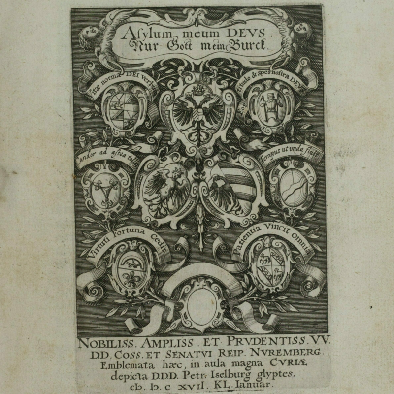 Different emblems in black and white, each surrounded by Latin text